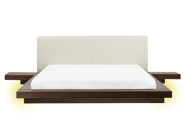 Japan LED Bed Frame Dark Wood EU King Size 5ft3 Wood Veneer MDF Faux Leather Headboard Low Profile Bedroom Beliani