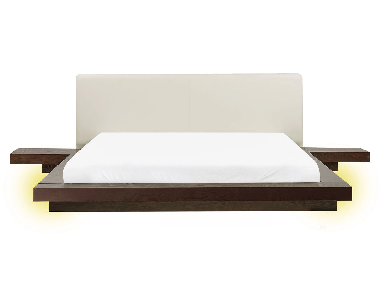 Japan LED Bed Frame Dark Ash Wood EU King Size 5ft3 Wood Veneer MDF Faux Leather Headboard Low Profile Bedroom Beliani