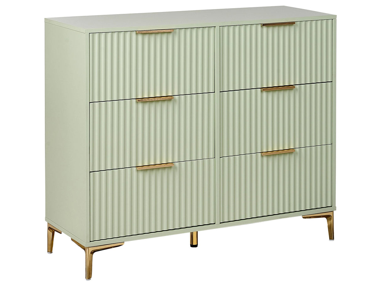 Chest of Drawers Green MDF 6 Drawers Metal Legs Handles Fluted Fronts Modern Design Bedroom Living Room Beliani