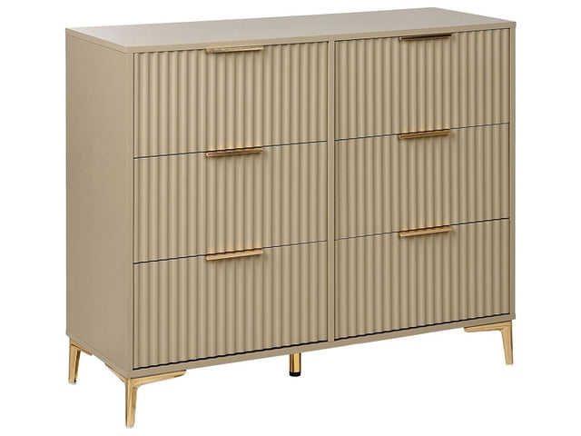 Chest of Drawers Beige MDF 6 Drawers Metal Legs Handles Fluted Fronts Modern Design Bedroom Living Room Beliani