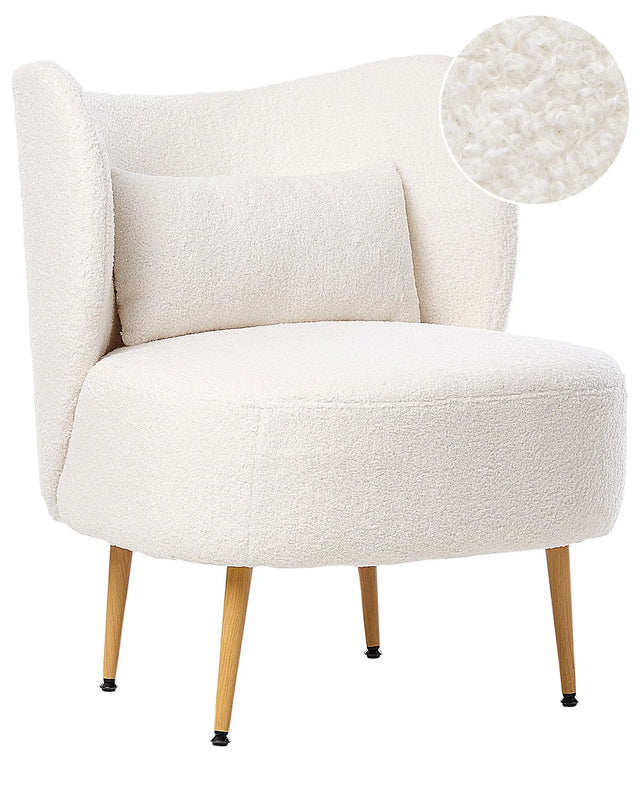 Armchair Off-White Boucle Fabric Soft Nubby Light Wood Metal Legs Curved Backrest Retro Glam Art Decor Style Beliani