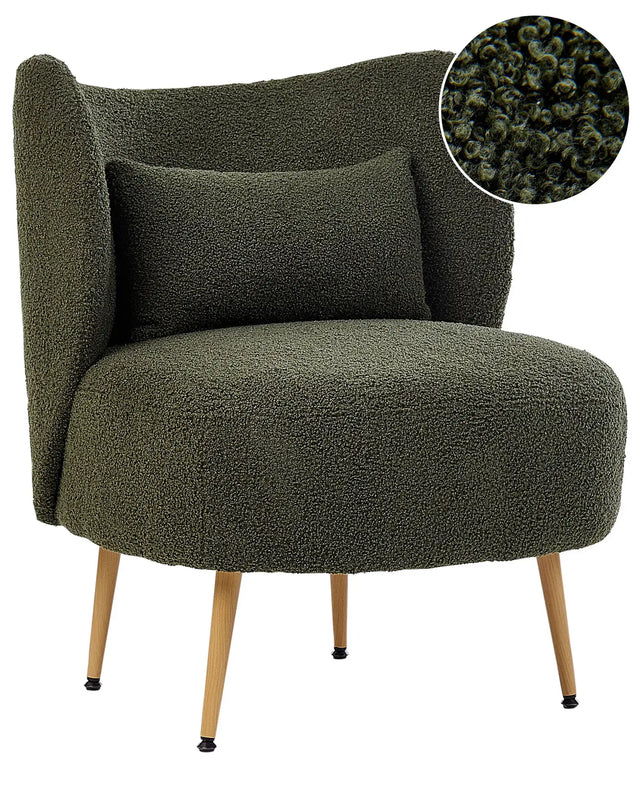 Armchair Dark Green Boucle Fabric Soft Nubby Light Wood Metal Legs Curved Backrest Retro Glam Art Decor Style Beliani