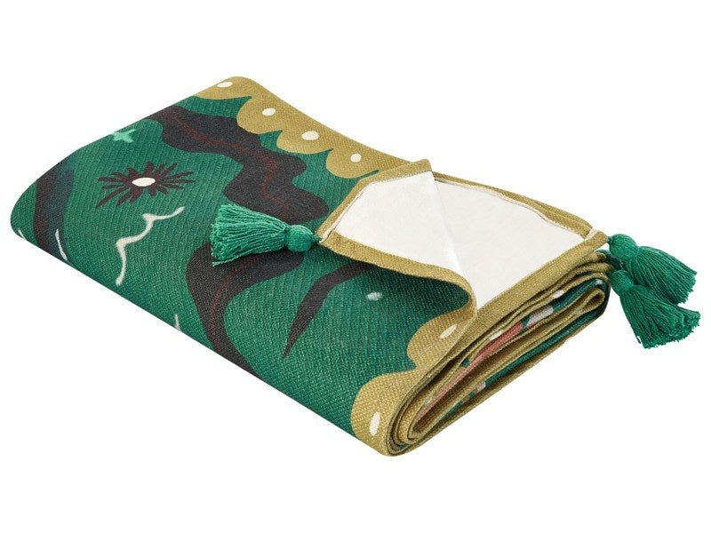 Picnic Blanket Green Polyester 150 x 200 cm Hand Woven Animal Pattern with Strap Picnic Rug Beliani