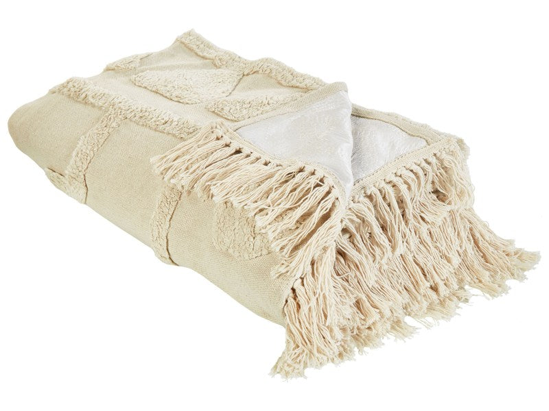 Picnic Blanket Beige Cotton 150 x 200 cm Hand Woven Boho Pattern with Strap Picnic Rug Beliani