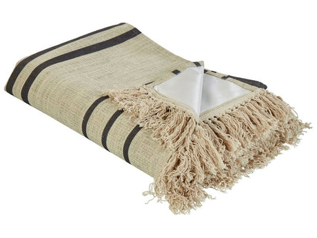 Picnic Blanket Beige Cotton 150 x 200 cm Hand Woven Striped Pattern with Strap Picnic Rug Beliani