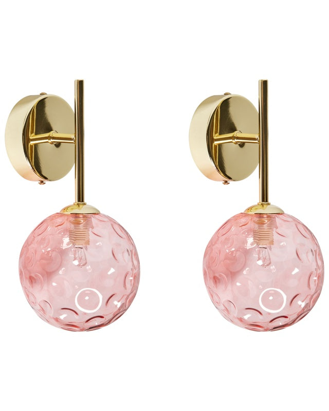 Set of 2 Wall Lamps Pink and Gold Glass Metal Glam Modern Style Living Room Hallway Beliani