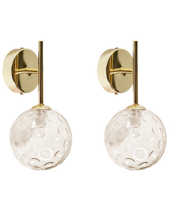 Set of 2 Wall Lamps Beige and Gold Glass Metal Glam Modern Style Living Room Hallway Beliani