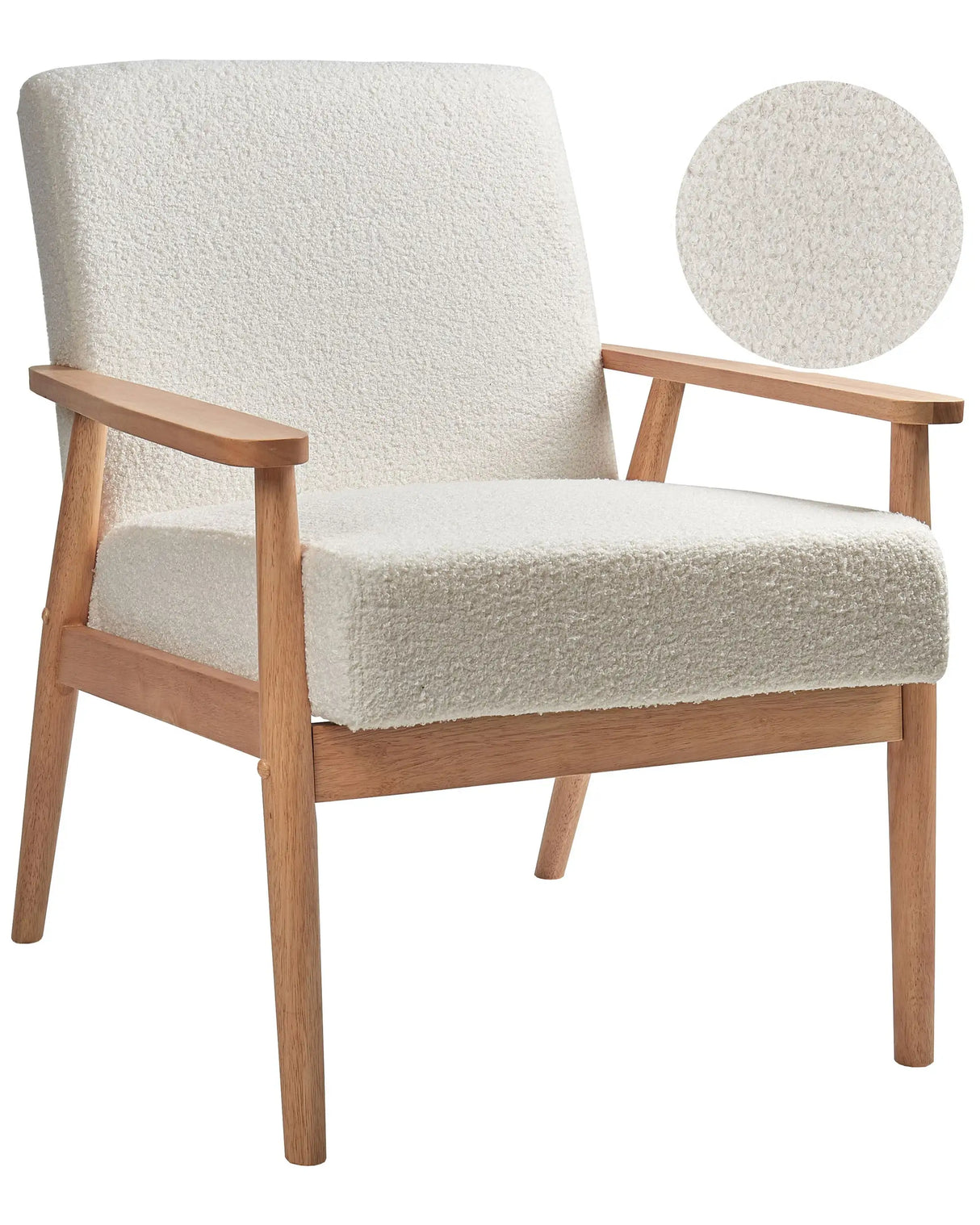 Armchair Off-White Polyester Boucle Upholstery Retro Design Light Wooden Frame Armrests Living Room Beliani