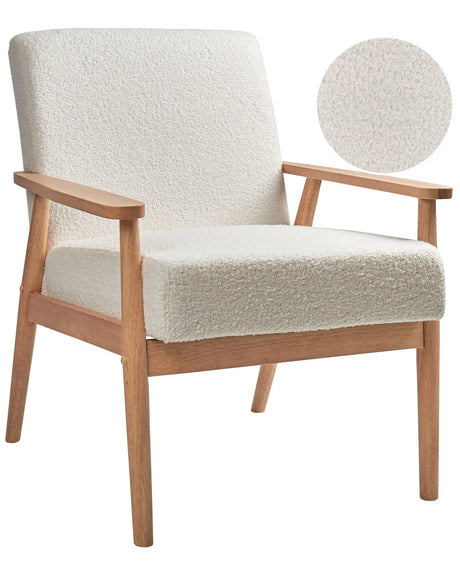 Armchair Off-White Polyester Boucle Upholstery Retro Design Light Wooden Frame Armrests Living Room Beliani
