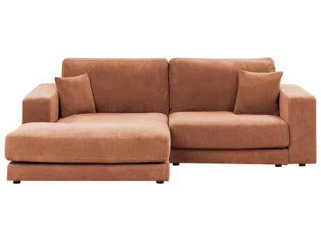 Right Hand 3 Seater Corner Sofa Light Red Fabric Upholstered Track Armrests Additional Cushions Minimalistic Modern Style Beliani