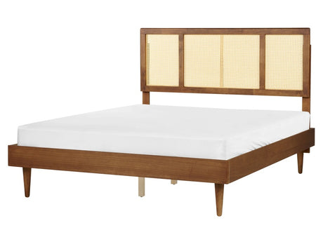 Bed Light Rubber Wood EU King Size 5ft3 with Headboard Viennese Braid Slatted Base Minimalistic Rustic Style Beliani