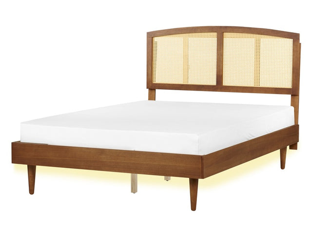 Bed Light Rubber Wood EU Double Size 4ft6 with Headboard LED Lights Slatted Base Minimalistic Rustic Style Beliani