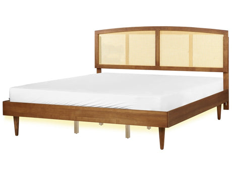 Bed Light Rubber Wood EU Super King Size 6ft with Headboard LED Lights Slatted Base Minimalistic Rustic Style Beliani