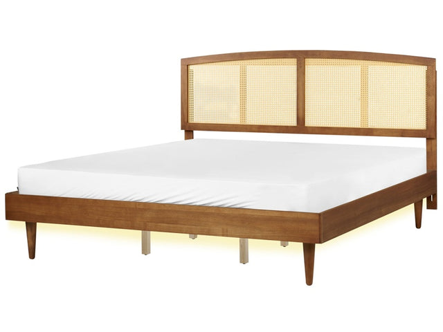 Bed Light Rubber Wood EU Super King Size 6ft with Headboard LED Lights Slatted Base Minimalistic Rustic Style Beliani