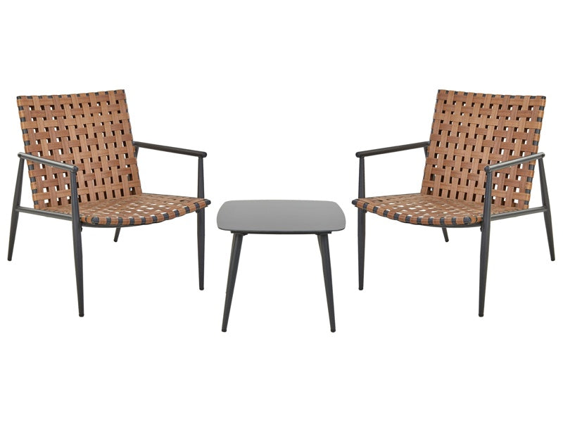 2 Seater Bistro Set Brown PE Rattan Black Steel Frame and Legs 2 Chairs Coffee Table Patio Furniture Beliani