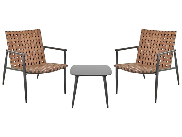 2 Seater Bistro Set Brown PE Rattan Black Steel Frame and Legs 2 Chairs Coffee Table Patio Furniture Beliani