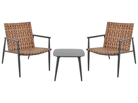 2 Seater Bistro Set Brown PE Rattan Black Steel Frame and Legs 2 Chairs Coffee Table Patio Furniture Beliani