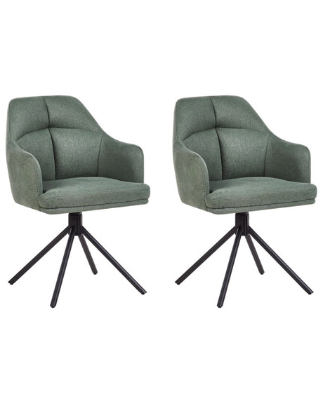 Set of 2 Dining Swivel Chairs Green Fabric with Arms Quilted Backrest Black Metal Legs Retro Transitional Beliani