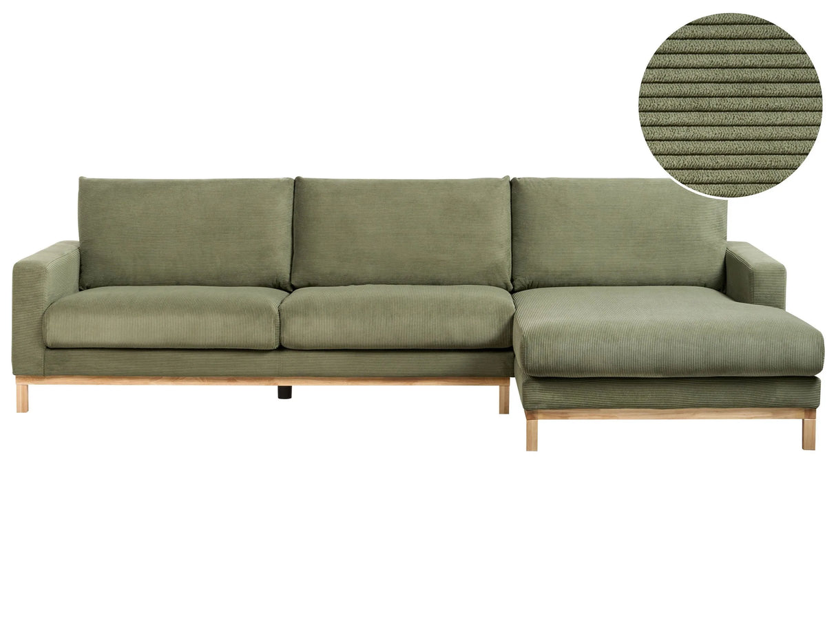 Left Hand Corner Sofa Green Jumbo Cord Upholstery Wooden Legs Stylish Beliani