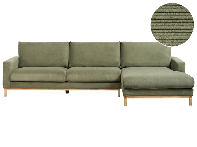 Left Hand Corner Sofa Green Jumbo Cord Upholstery Wooden Legs Stylish Beliani