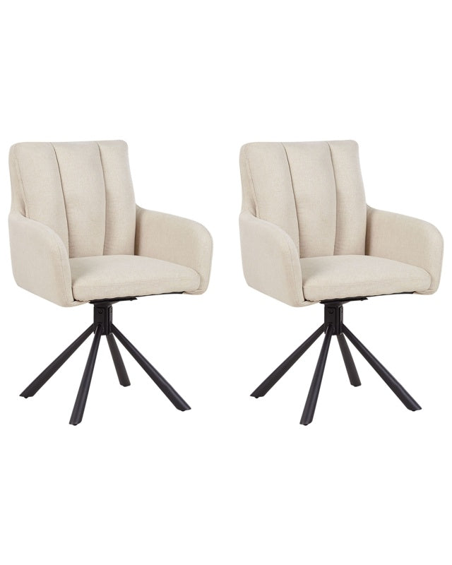 Set of 2 Dining Swivel Chairs Beige Fabric with Arms Quilted Backrest Black Metal Legs Retro Transitional Beliani