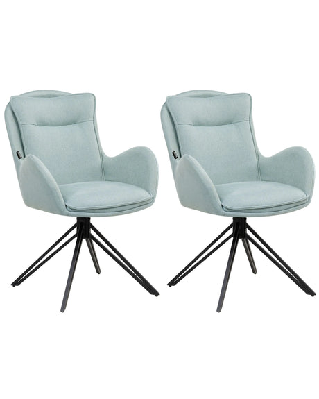 Set of 2 Dining Swivel Chairs Mint Fabric with Arms Quilted Backrest Black Metal Legs Retro Transitional Beliani