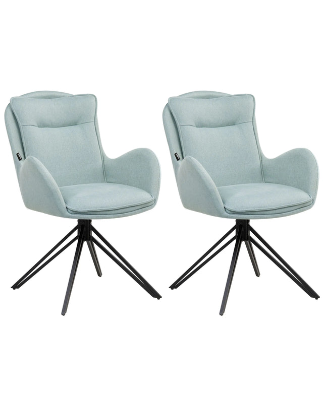 Set of 2 Dining Swivel Chairs Mint Fabric with Arms Quilted Backrest Black Metal Legs Retro Transitional Beliani