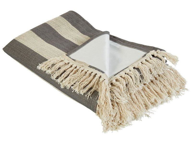 Picnic Blanket Beige and Grey Cotton 150 x 200 cm Hand Woven Striped Pattern with Strap Picnic Rug Beliani