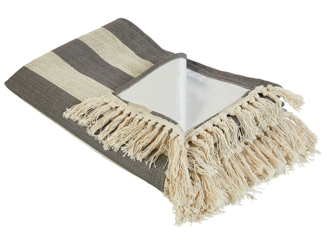 Picnic Blanket Beige and Grey Polyester 150 x 200 cm Hand Woven Striped Pattern with Strap Picnic Rug Beliani