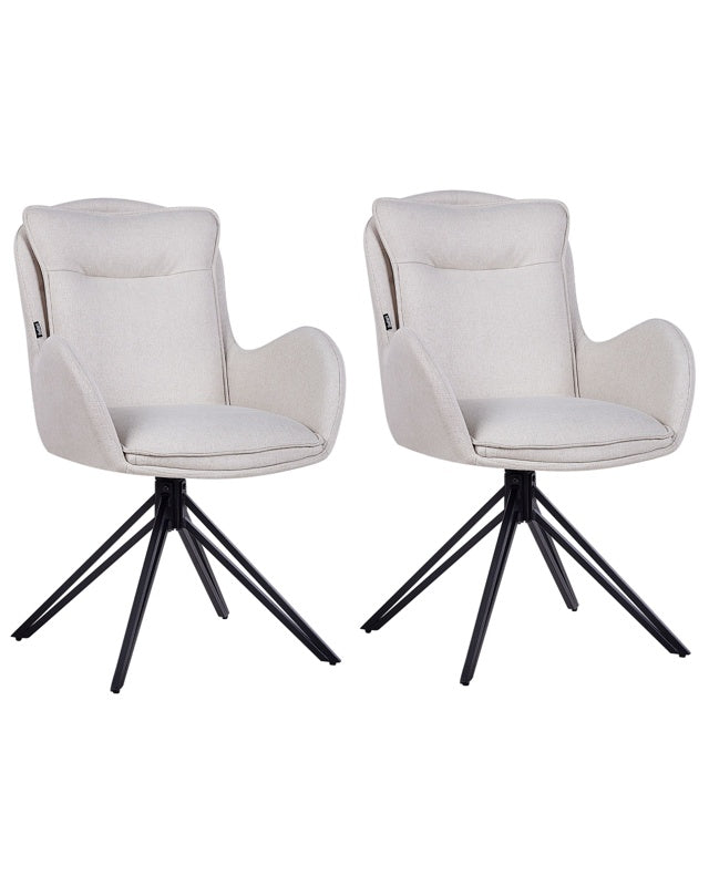 Set of 2 Dining Swivel Chairs Light Beige Fabric with Arms Quilted Backrest Black Metal Legs Retro Transitional Beliani