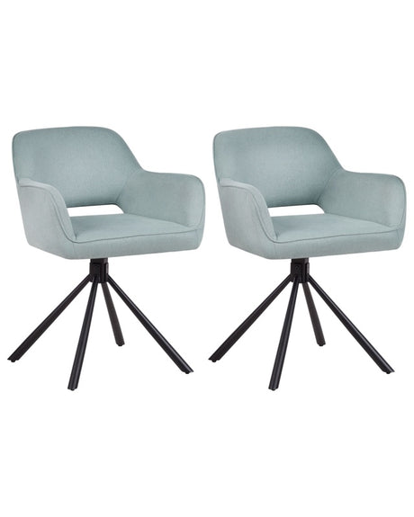 Set of 2 Swivel Dining Chairs Mint Green Fabric with Arms Backrest Black Metal Legs Retro Transitional Beliani