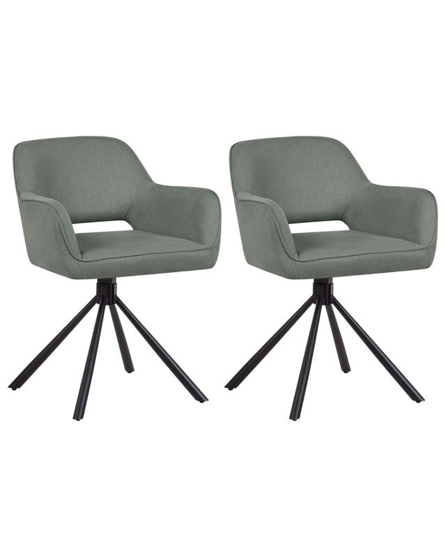 Set of 2 Swivel Dining Chairs Dark Green Fabric with Arms Backrest Black Metal Legs Retro Transitional Beliani