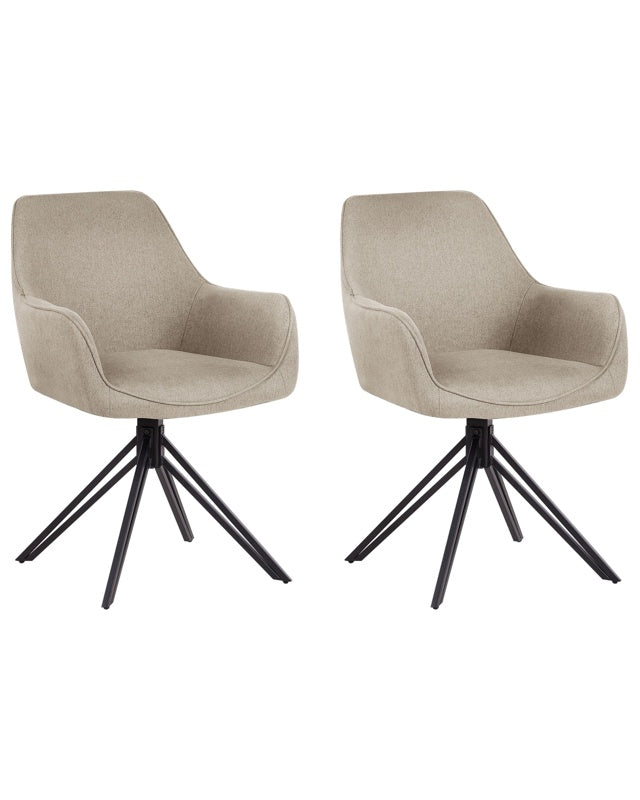 Set of 2 Swivel Dining Chairs Taupe Fabric with Arms Backrest Black Metal Legs Retro Transitional Beliani