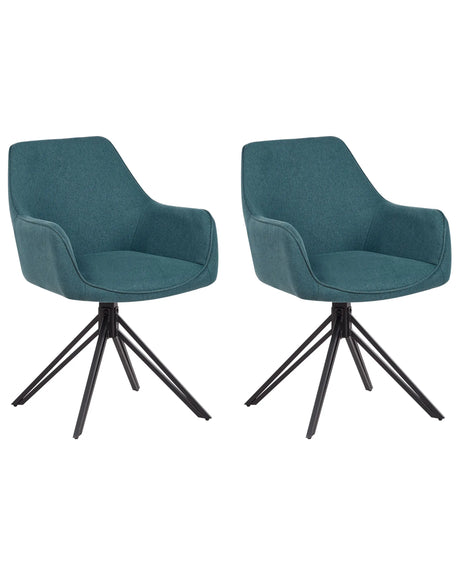Set of 2 Swivel Dining Chairs Teal Fabric with Arms Backrest Black Metal Legs Retro Transitional Beliani