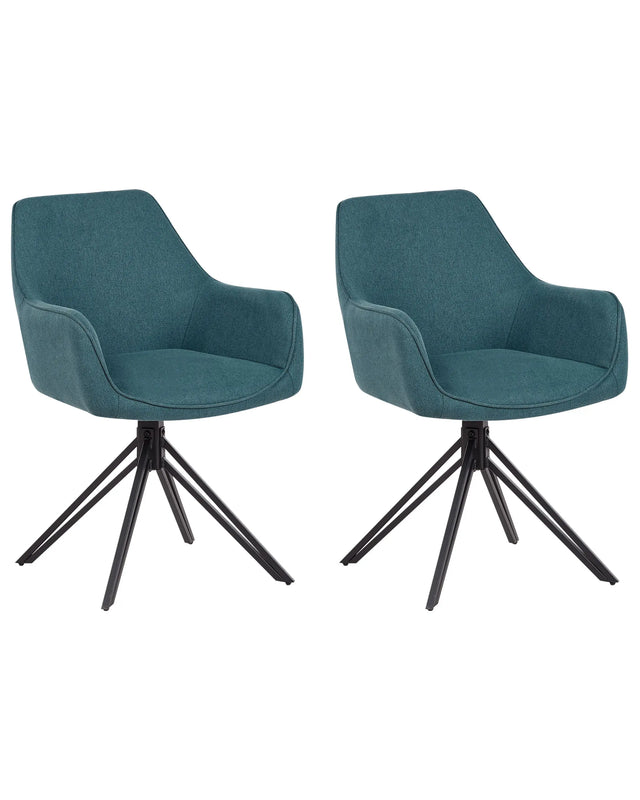 Set of 2 Swivel Dining Chairs Teal Fabric with Arms Backrest Black Metal Legs Retro Transitional Beliani