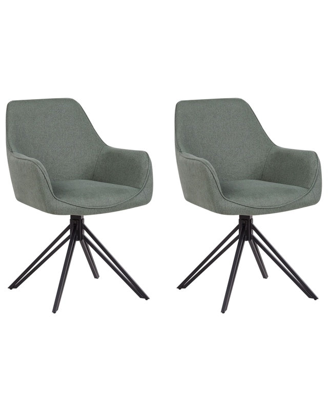 Set of 2 Swivel Dining Chairs Dark Green Fabric with Arms Backrest Black Metal Legs Retro Transitional Beliani