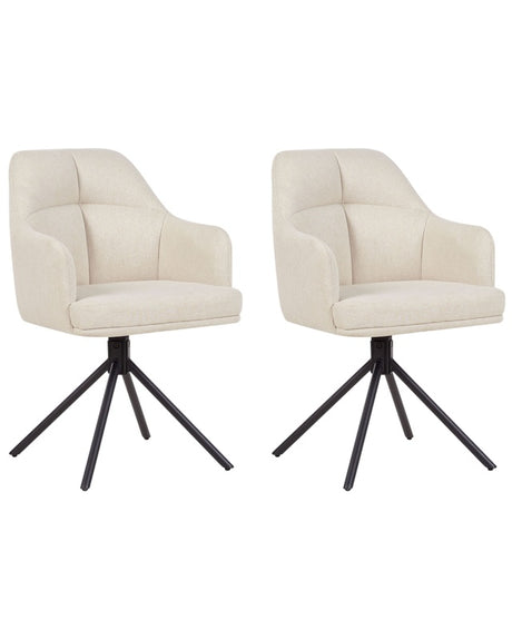 Set of 2 Swivel Dining Chairs Beige Fabric with Arms Backrest Black Metal Legs Retro Transitional Beliani