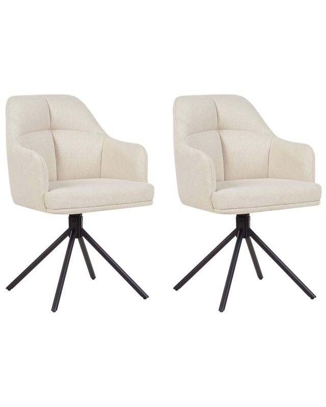 Set of 2 Swivel Dining Chairs Beige Fabric with Arms Backrest Black Metal Legs Retro Transitional Beliani