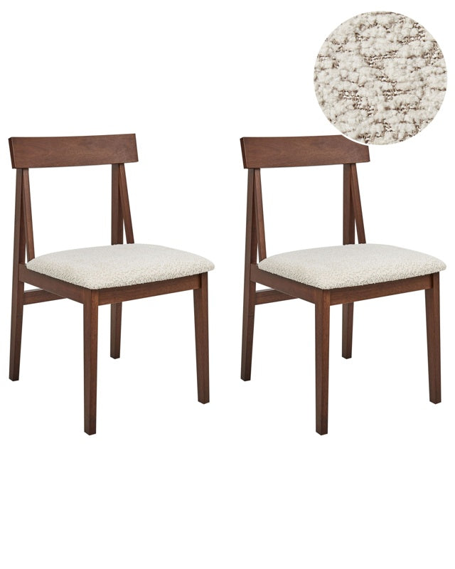 Set of 2 Dining Chairs Dark Rubberwood Frame Beige Boucle Seat Armless Retro Design Beliani