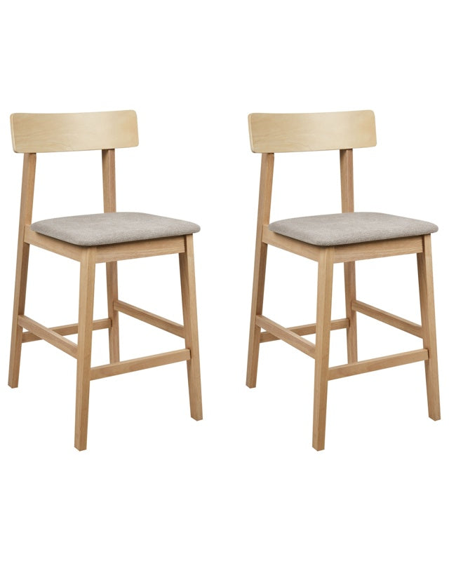 Set of 2 Bar Chairs Light Rubberwood Taupe Seat Polyester Traditional Retro Style Kitchen Dining Room Beliani