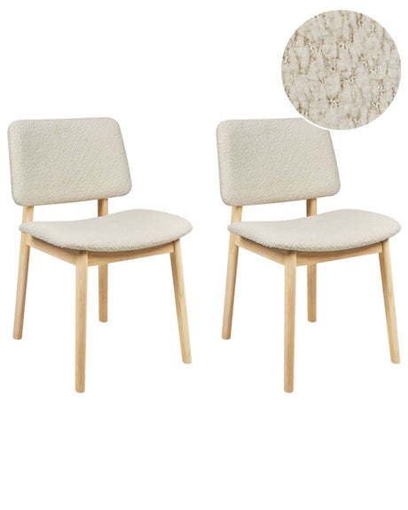 Set of 2 Dining Chairs Light Rubberwood Frame Off-White Boucle Seat Armless Retro Design Beliani