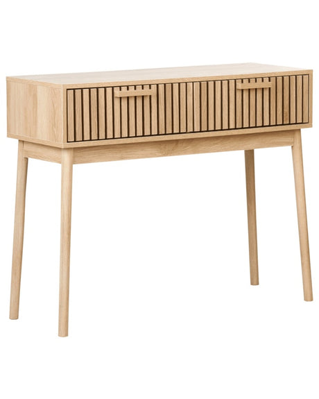 Console Table Light Wood Solid Wood Legs MDF 100 x 35 cm 2 Drawers Living Room Bedroom Hallway Beliani