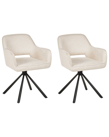 Set of 2 Swivel Dining Chairs Light Beige Fabric with Arms Backrest Black Metal Legs Retro Transitional Beliani