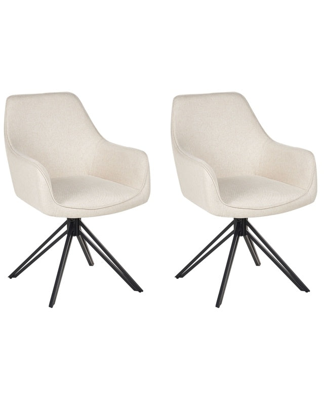 Set of 2 Swivel Dining Chairs Light Beige Fabric with Arms Backrest Black Metal Legs Retro Transitional Beliani