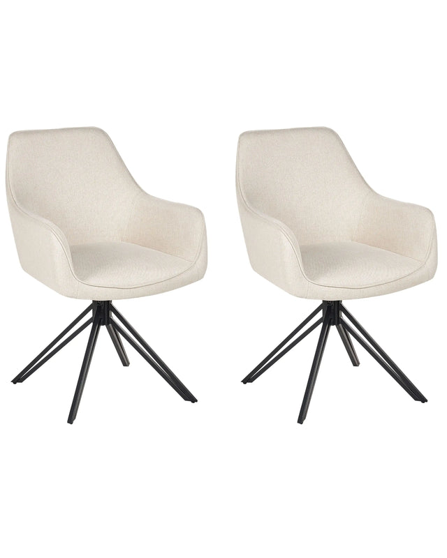 Set of 2 Swivel Dining Chairs Light Beige Fabric with Arms Backrest Black Metal Legs Retro Transitional Beliani