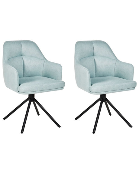 Set of 2 Dining Swivel Chairs Mint Green Fabric with Arms Quilted Backrest Black Metal Legs Retro Transitional Beliani