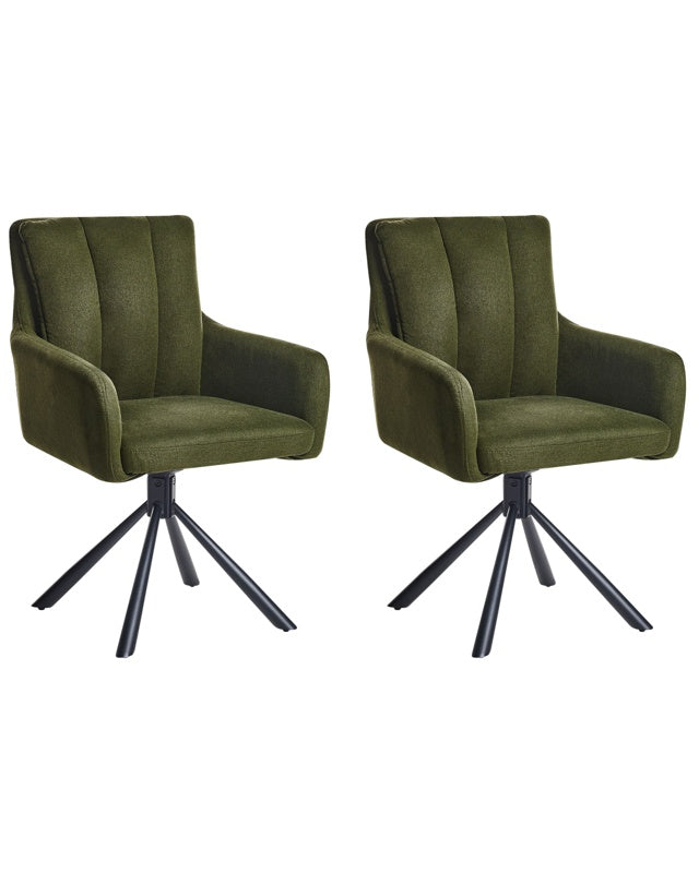 Set of 2 Dining Swivel Chairs Dark Green Fabric with Arms Quilted Backrest Black Metal Legs Retro Transitional Beliani