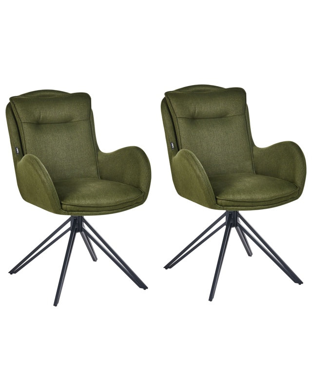 Set of 2 Dining Swivel Chairs Dark Green Fabric with Arms Quilted Backrest Black Metal Legs Retro Transitional Beliani