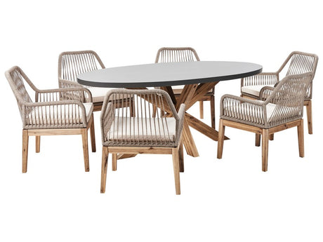 Garden Dining Set with 6 Chairs Grey and Beige Light Wood Concrete Acacia Wood 190 x 100 cm Garden Furniture Beliani