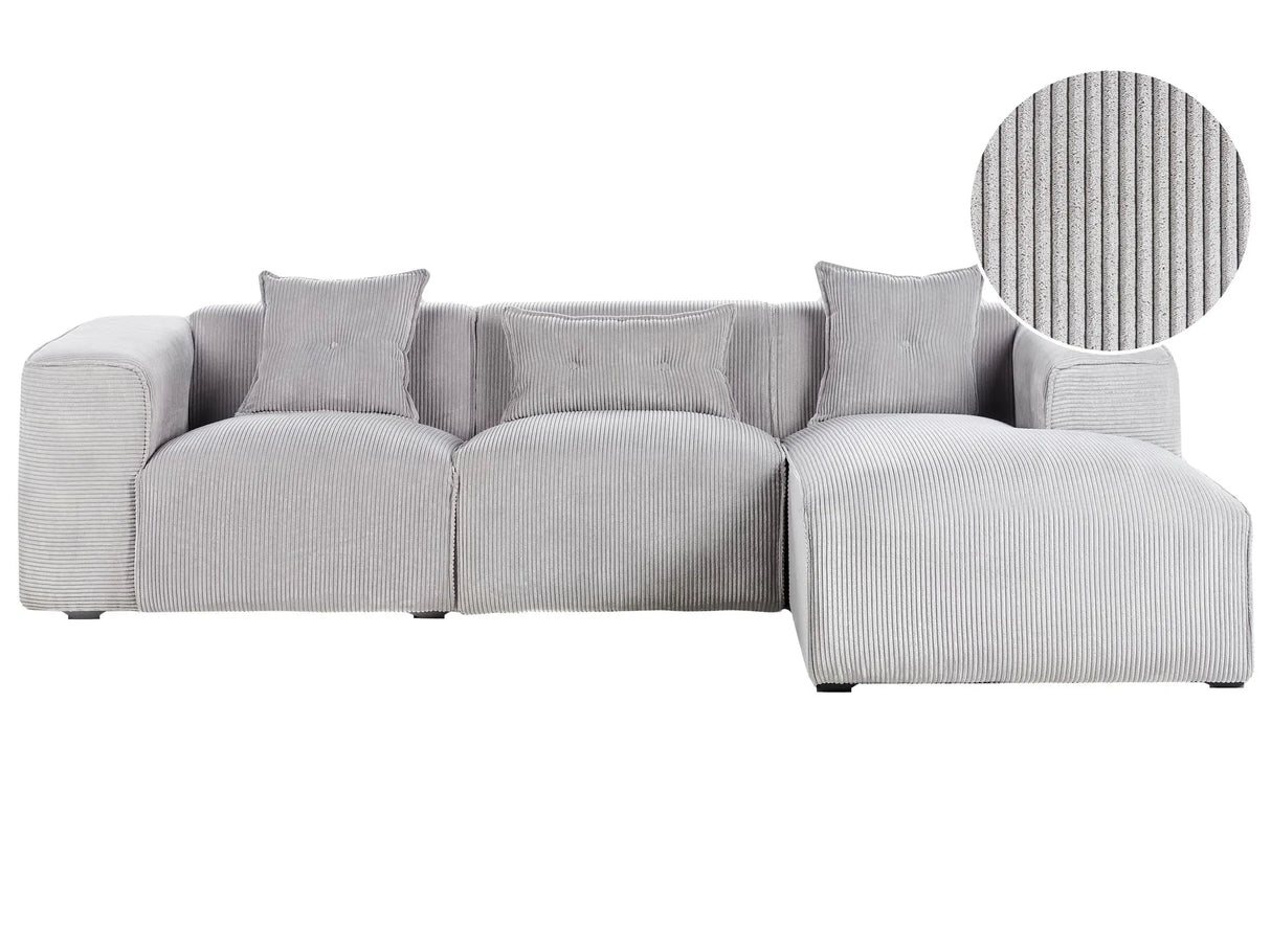 Left Hand Corner Sofa Light Grey Corduroy Upholstery 3 Seater Extra Scatter Cushions Modern Beliani